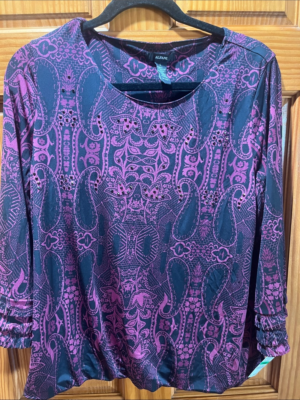Alfani Purple and Black Paisley-Print Long Sleeve Top